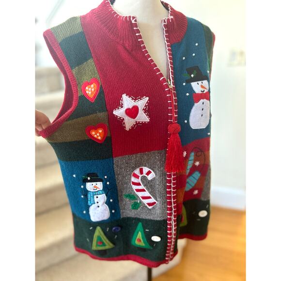 Vintage Patchwork Snowman Candy Cane Red Wool Blend Vest - Picture 4 of 9
